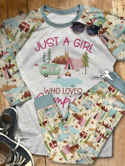 A Girl Who Love Camping Aaa Pajama Set |Sleepwear Pjs Sets | Raglan Shirt Pants Set