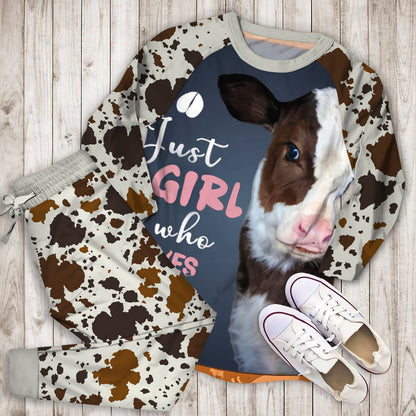 Just Girl Who Loves Cows Pajama Set |Sleepwear Pjs Sets | Raglan Shirt Pants Set