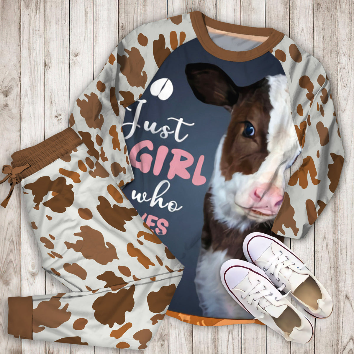 Just Girl Who Loves Cows Pajama Set |Sleepwear Pjs Sets | Raglan Shirt Pants Set
