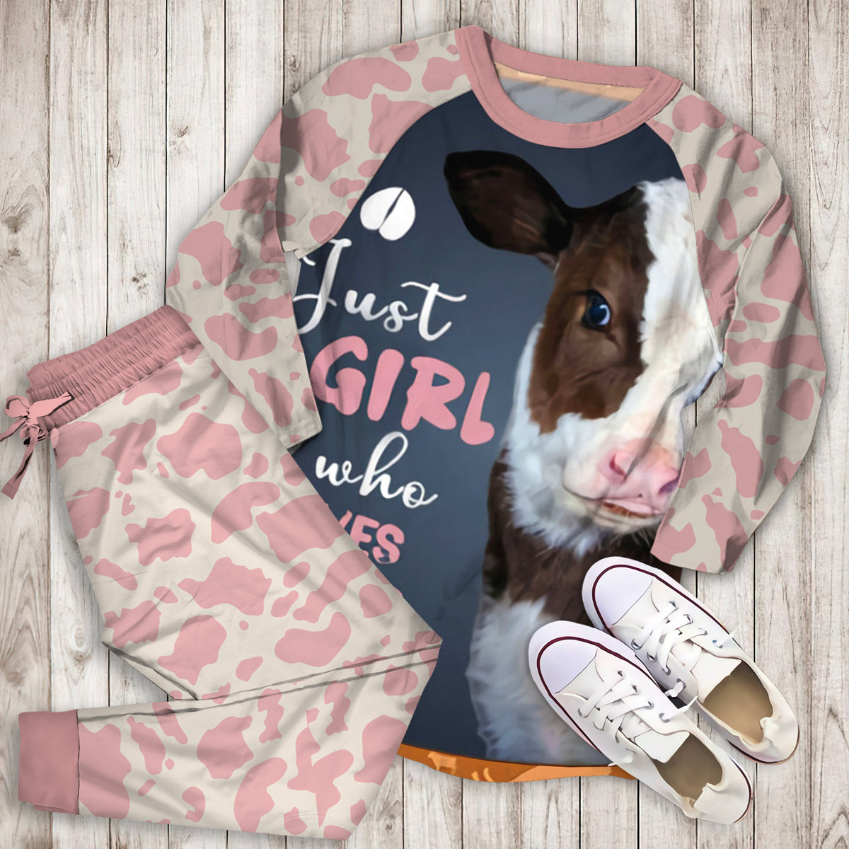 Just Girl Who Loves Cows Pajama Set |Sleepwear Pjs Sets | Raglan Shirt Pants Set
