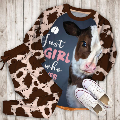 Just Girl Who Loves Cows Pajama Set |Sleepwear Pjs Sets | Raglan Shirt Pants Set
