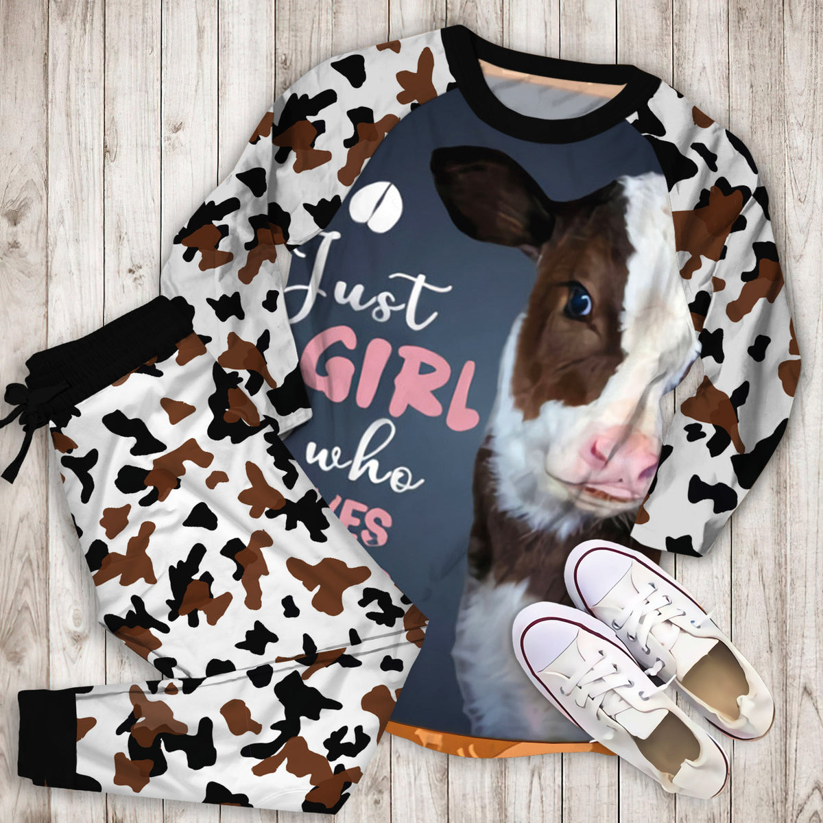 Just Girl Who Loves Cows Pajama Set |Sleepwear Pjs Sets | Raglan Shirt Pants Set
