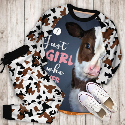 Just Girl Who Loves Cows Pajama Set |Sleepwear Pjs Sets | Raglan Shirt Pants Set