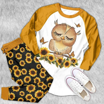 Owl Flower Aar Pajama Set |Sleepwear Pjs Sets | Raglan Shirt Pants Set