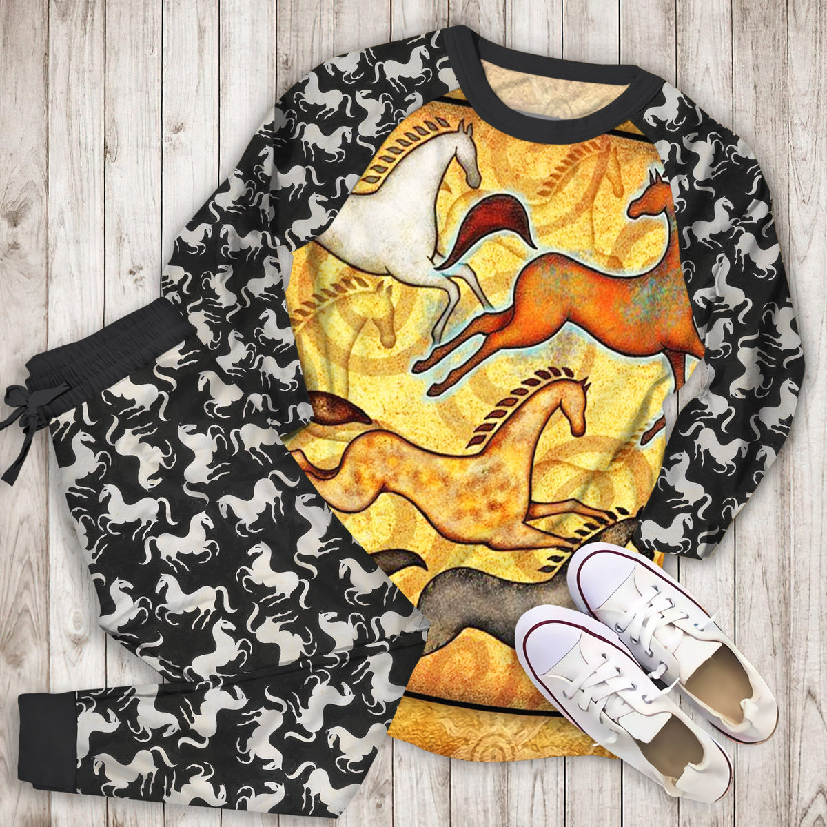 Horse Pajama Set | Pajamas | Cotton Sleepwear Sets | Soft Long Sleeve Pjs | Raglan Shirt and Pants Set