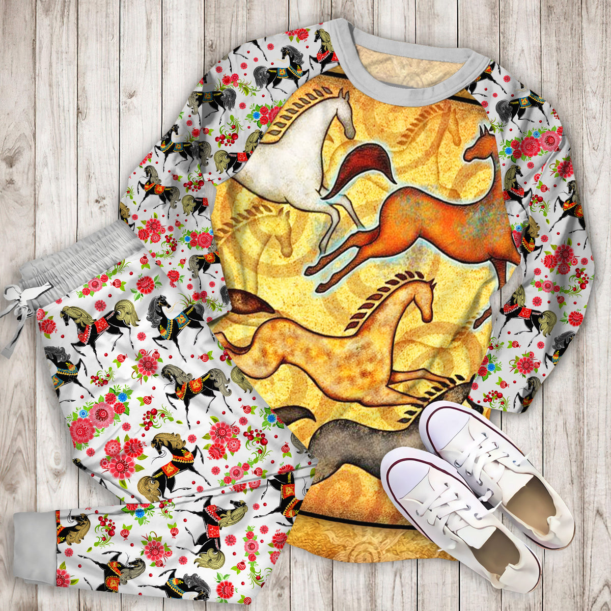 Horse Pajama Set | Pajamas | Cotton Sleepwear Sets | Soft Long Sleeve Pjs | Raglan Shirt and Pants Set