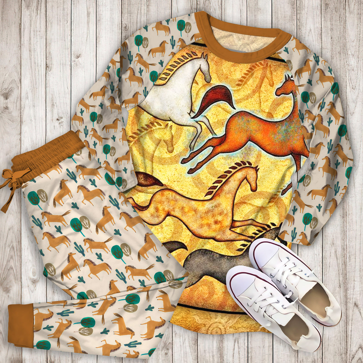 Horse Pajama Set | Pajamas | Cotton Sleepwear Sets | Soft Long Sleeve Pjs | Raglan Shirt and Pants Set