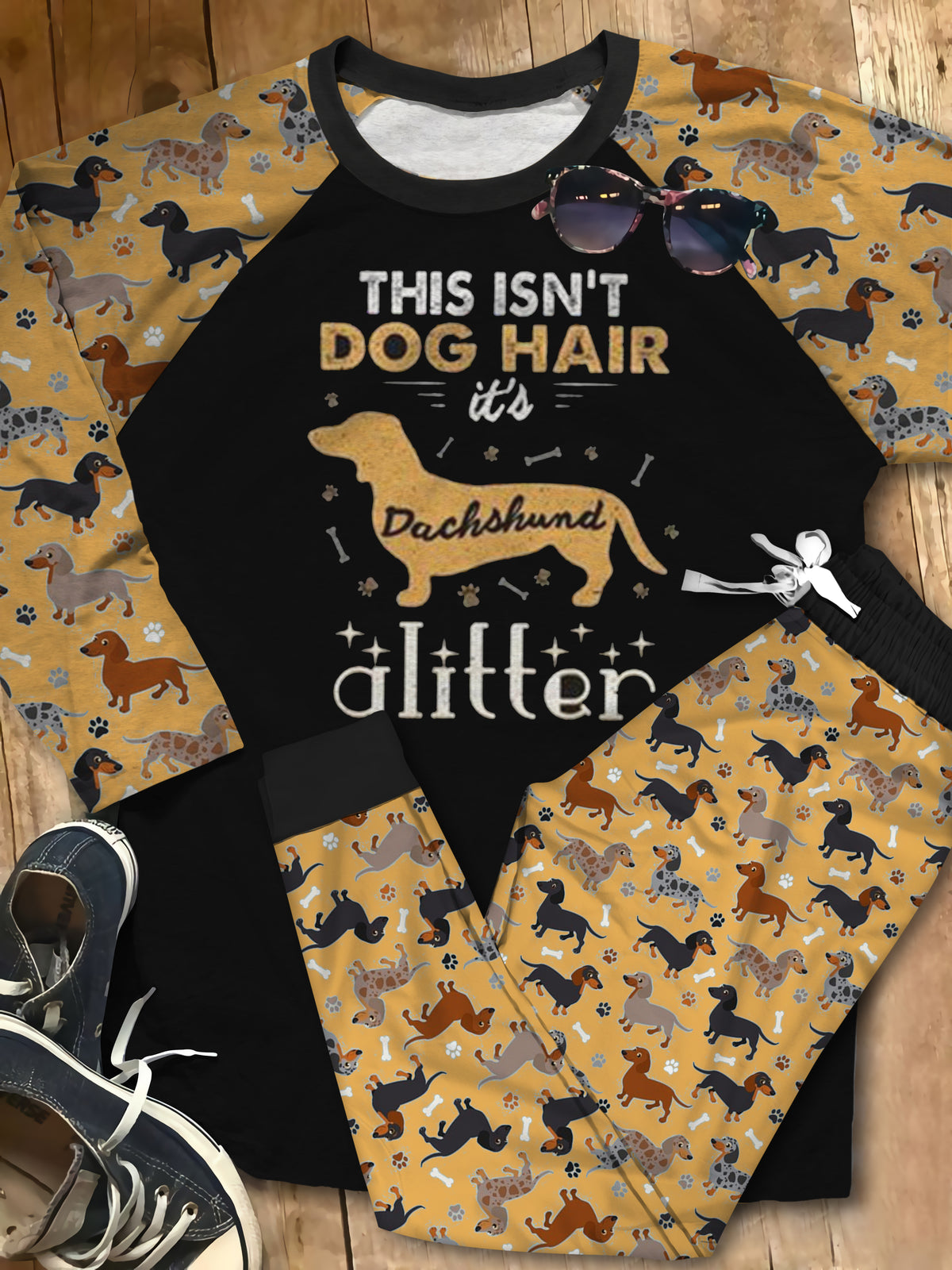 Dachshund Dachshund Glitter Aau Pajama Set |Sleepwear Pjs Sets | Raglan Shirt Pants Set