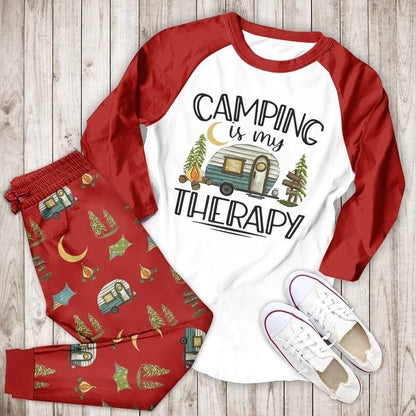 Camping Is My Therapy Bbe Pajama Set |Sleepwear Pjs Sets | Raglan Shirt Pants Set