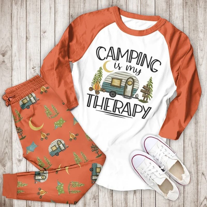 Camping Is My Therapy Bbe Pajama Set |Sleepwear Pjs Sets | Raglan Shirt Pants Set
