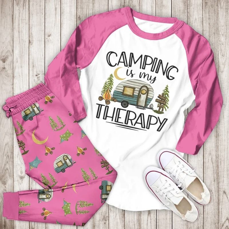 Camping Is My Therapy Bbe Pajama Set |Sleepwear Pjs Sets | Raglan Shirt Pants Set
