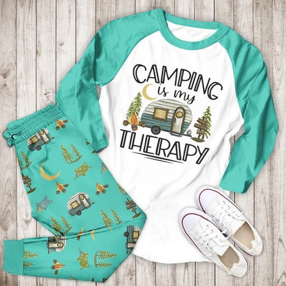 Camping Is My Therapy Bbe Pajama Set |Sleepwear Pjs Sets | Raglan Shirt Pants Set