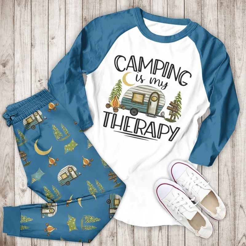Camping Is My Therapy Bbe Pajama Set |Sleepwear Pjs Sets | Raglan Shirt Pants Set