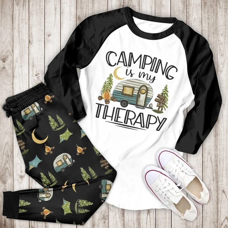 Camping Is My Therapy Bbe Pajama Set |Sleepwear Pjs Sets | Raglan Shirt Pants Set