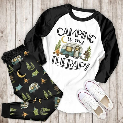 Camping Is My Therapy Bbe Pajama Set |Sleepwear Pjs Sets | Raglan Shirt Pants Set