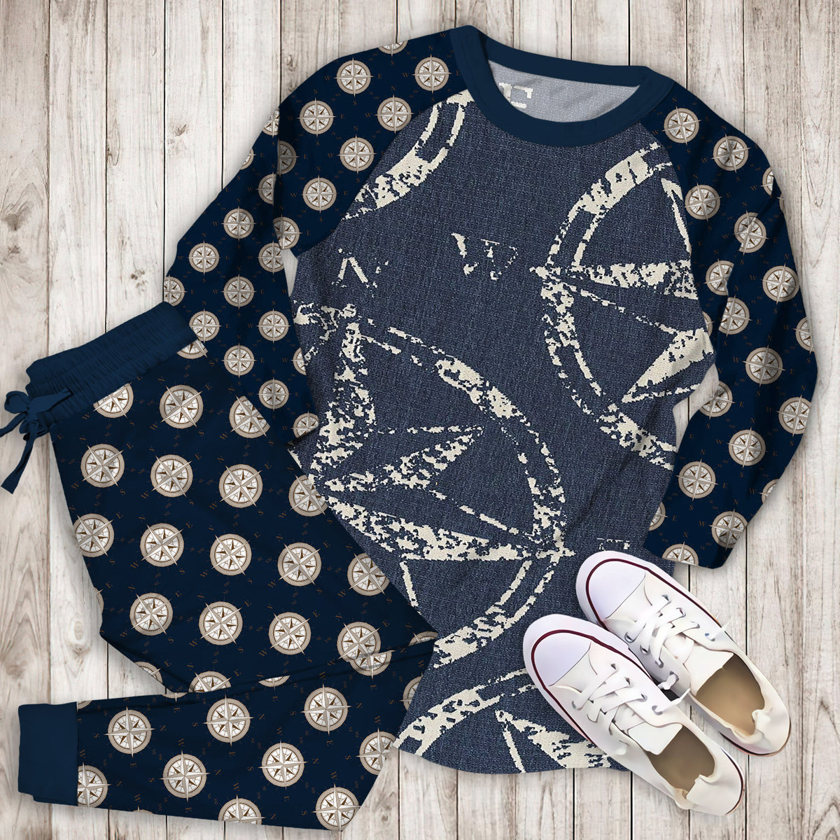Compass Pajama Set | Pajamas | Cotton Sleepwear Sets | Soft Long Sleeve Pjs | Raglan Shirt and Pants Set