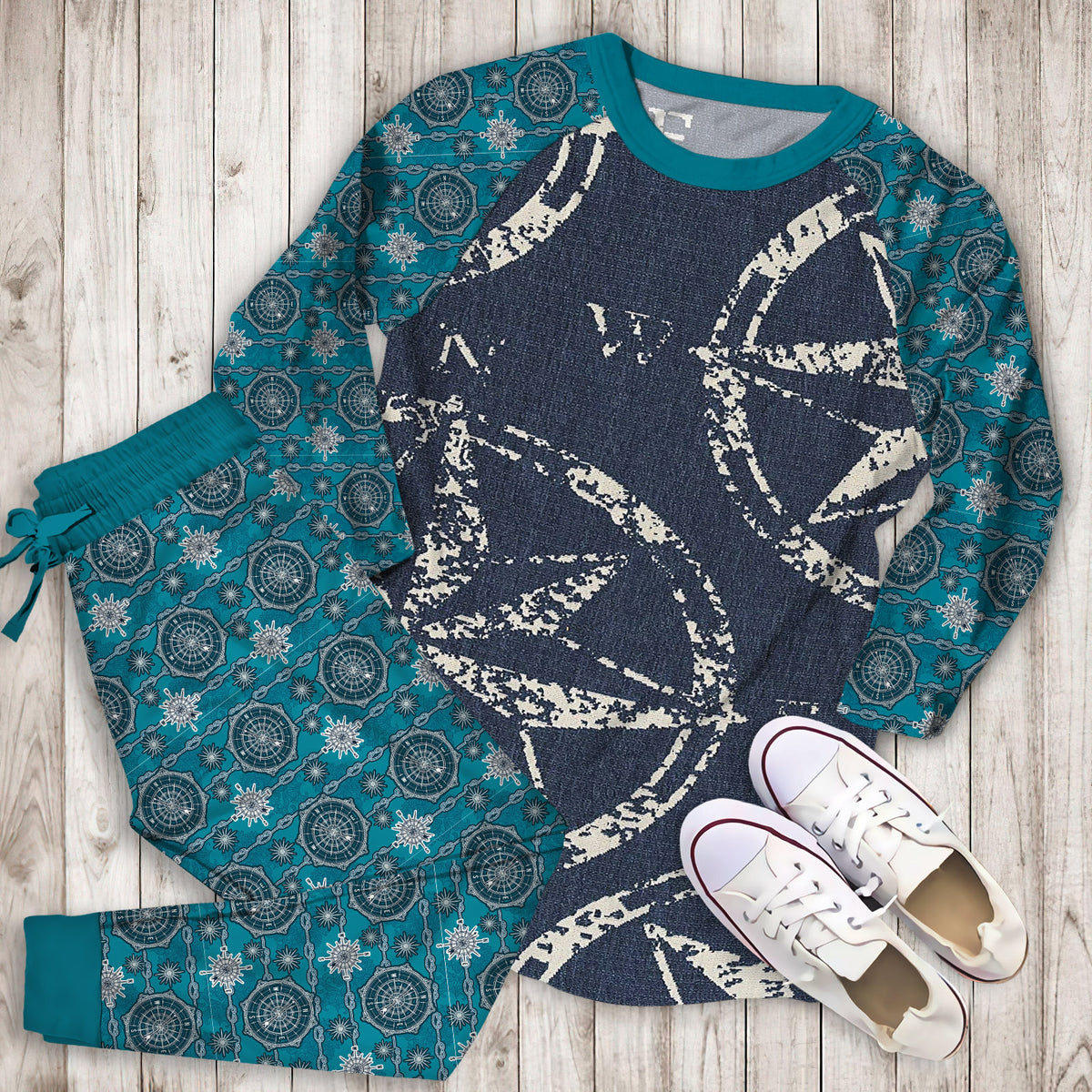 Compass Pajama Set | Pajamas | Cotton Sleepwear Sets | Soft Long Sleeve Pjs | Raglan Shirt and Pants Set