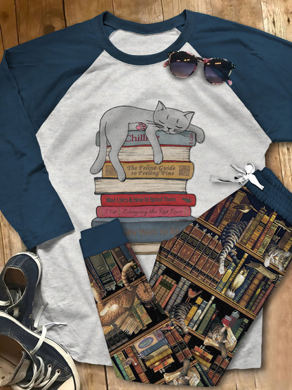 Reading Cats Chill On Books Pajama Set |Sleepwear Pjs Sets | Raglan Shirt Pants Set