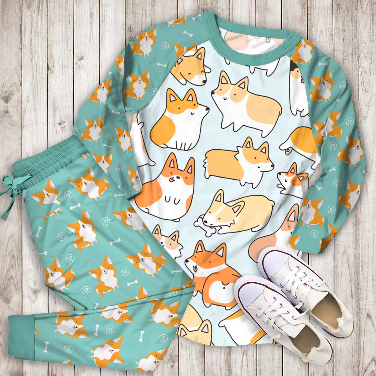 Corgi Pajama Set |Sleepwear Pjs Sets | Raglan Shirt Pants Set