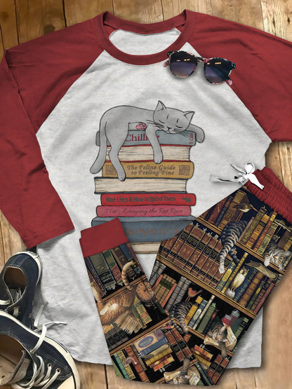 Reading Cats Chill On Books Pajama Set |Sleepwear Pjs Sets | Raglan Shirt Pants Set