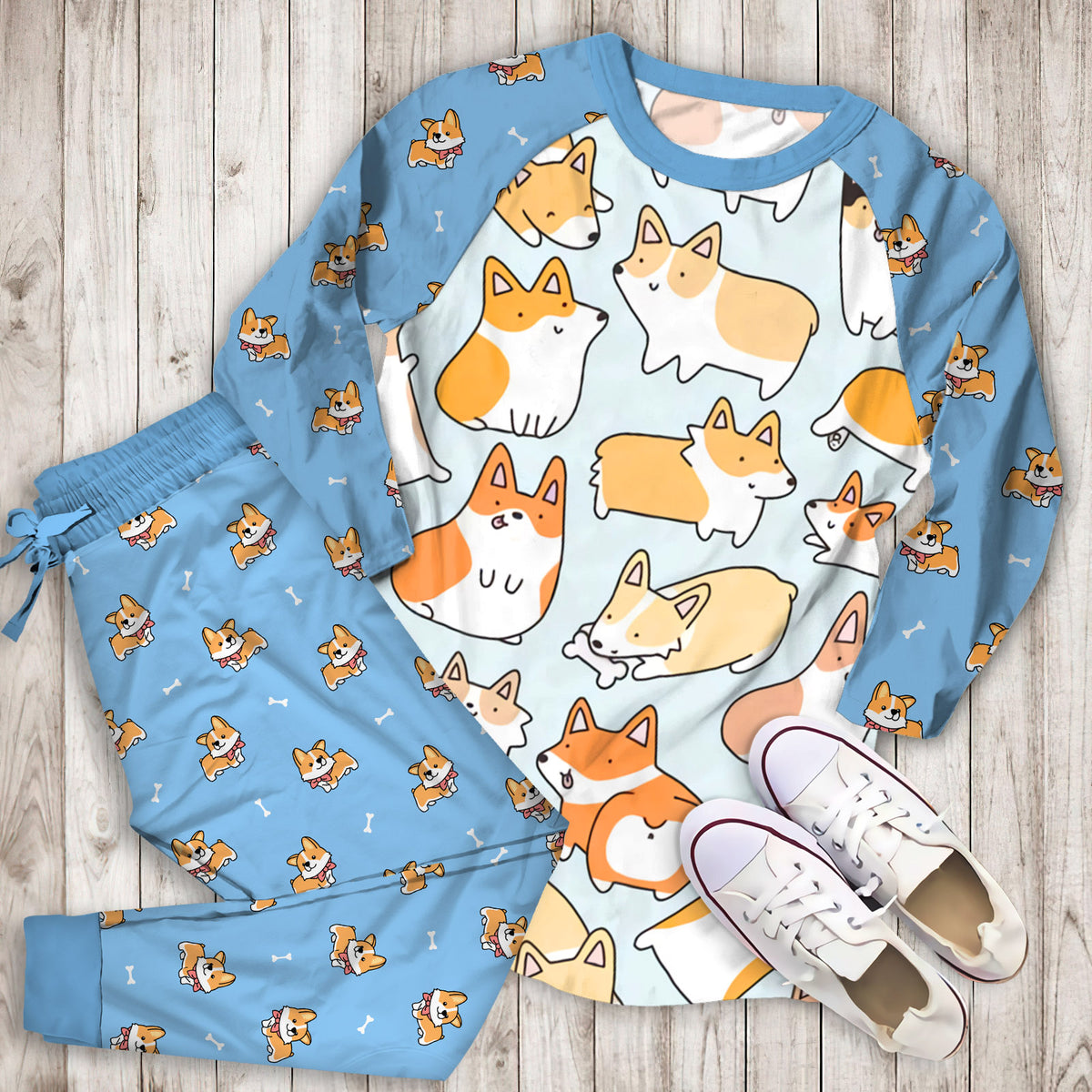 Corgi Pajama Set |Sleepwear Pjs Sets | Raglan Shirt Pants Set