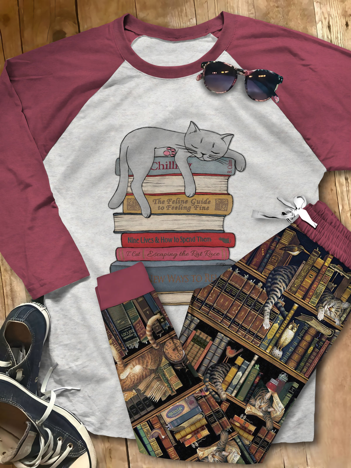 Reading Cats Chill On Books Pajama Set |Sleepwear Pjs Sets | Raglan Shirt Pants Set