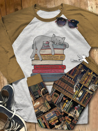 Reading Cats Chill On Books Pajama Set |Sleepwear Pjs Sets | Raglan Shirt Pants Set