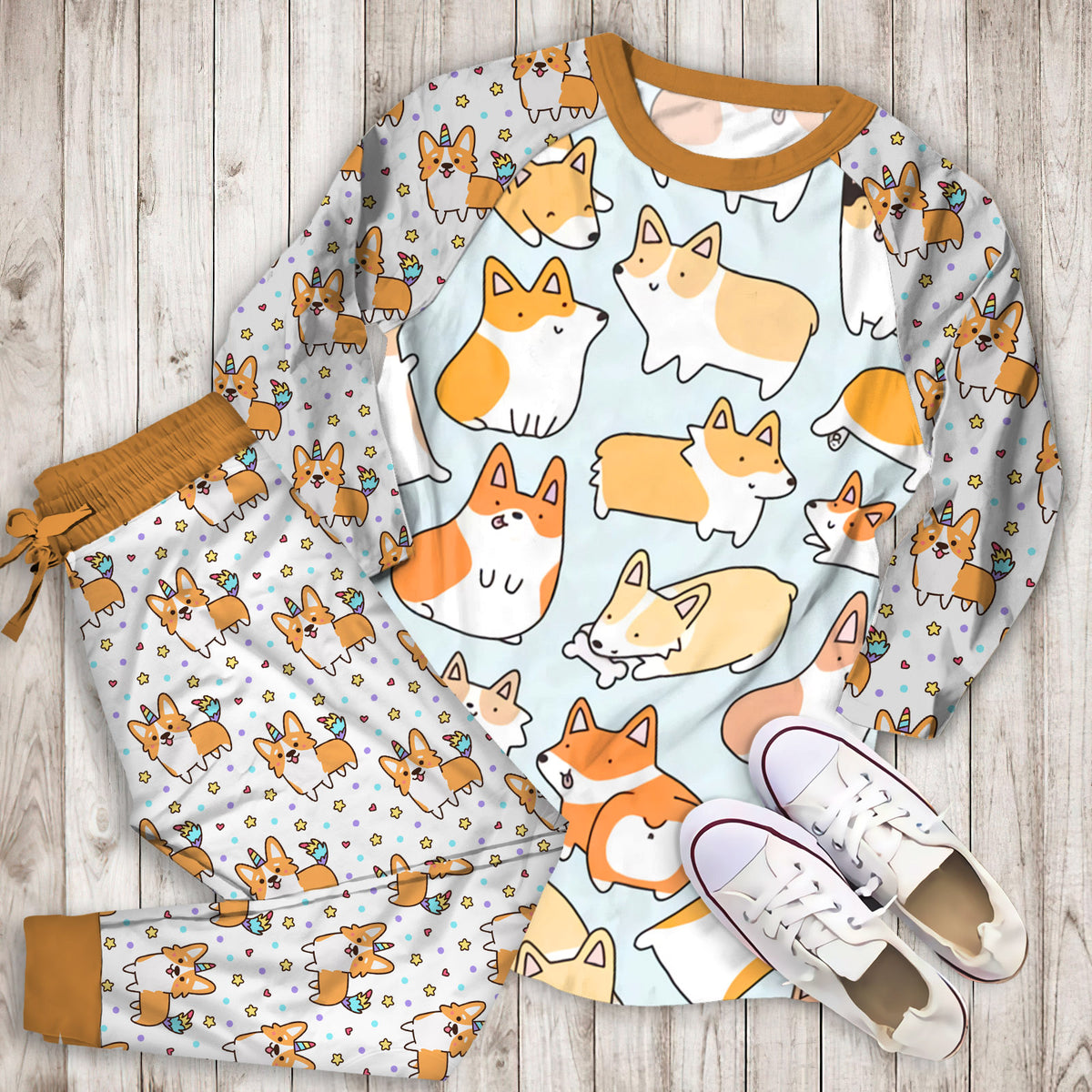 Corgi Pajama Set |Sleepwear Pjs Sets | Raglan Shirt Pants Set