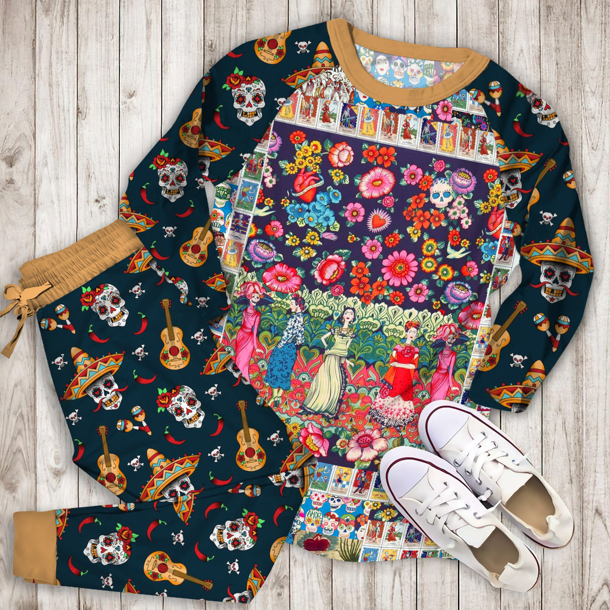 Day Of The Dead Dia Muertos Pajama Set |Sleepwear Pjs Sets | Raglan Shirt Pants Set