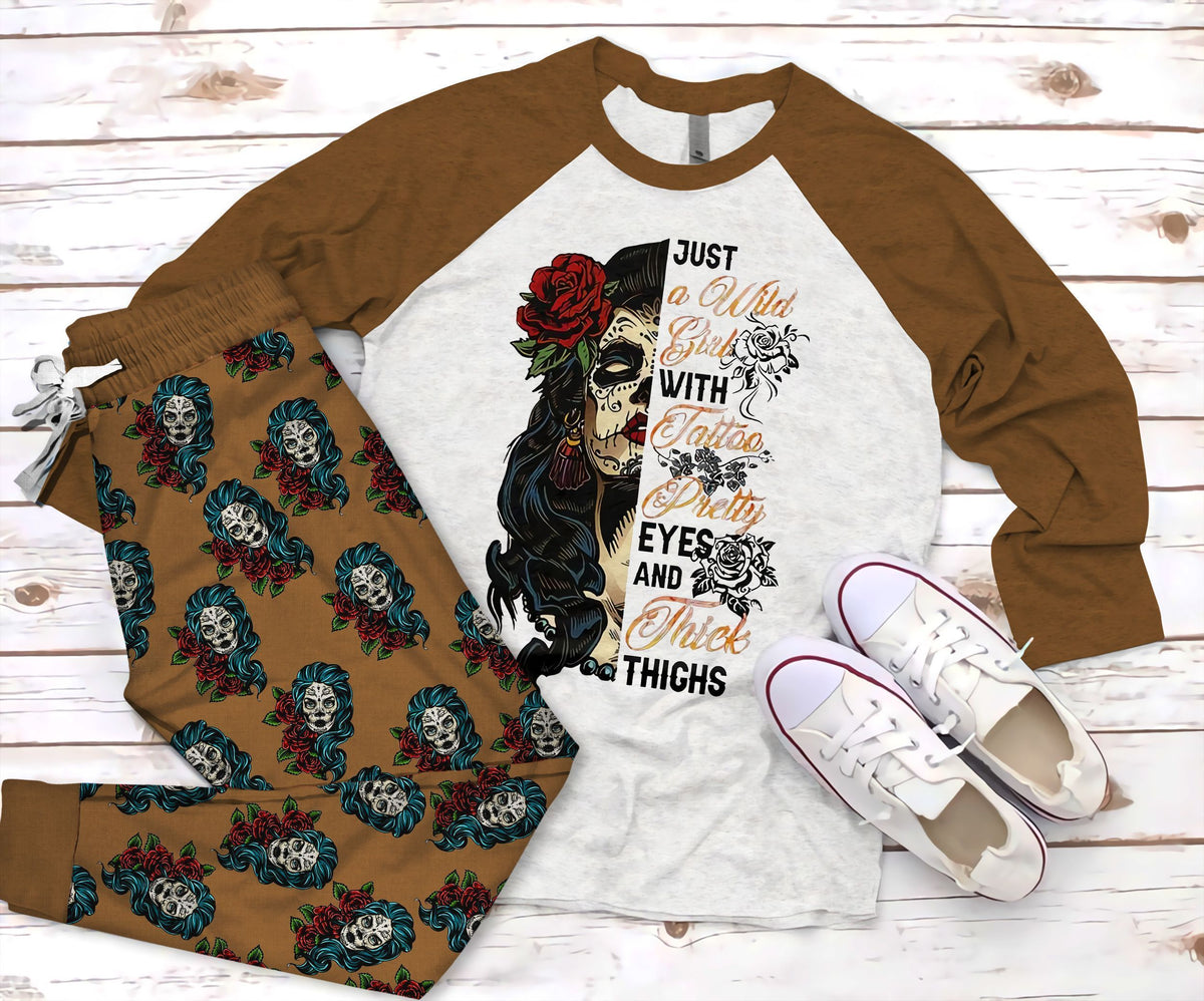 Day Of The Dead Skull Girl Pajama Set |Sleepwear Pjs Sets | Raglan Shirt Pants Set