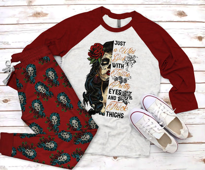 Day Of The Dead Skull Girl Pajama Set |Sleepwear Pjs Sets | Raglan Shirt Pants Set