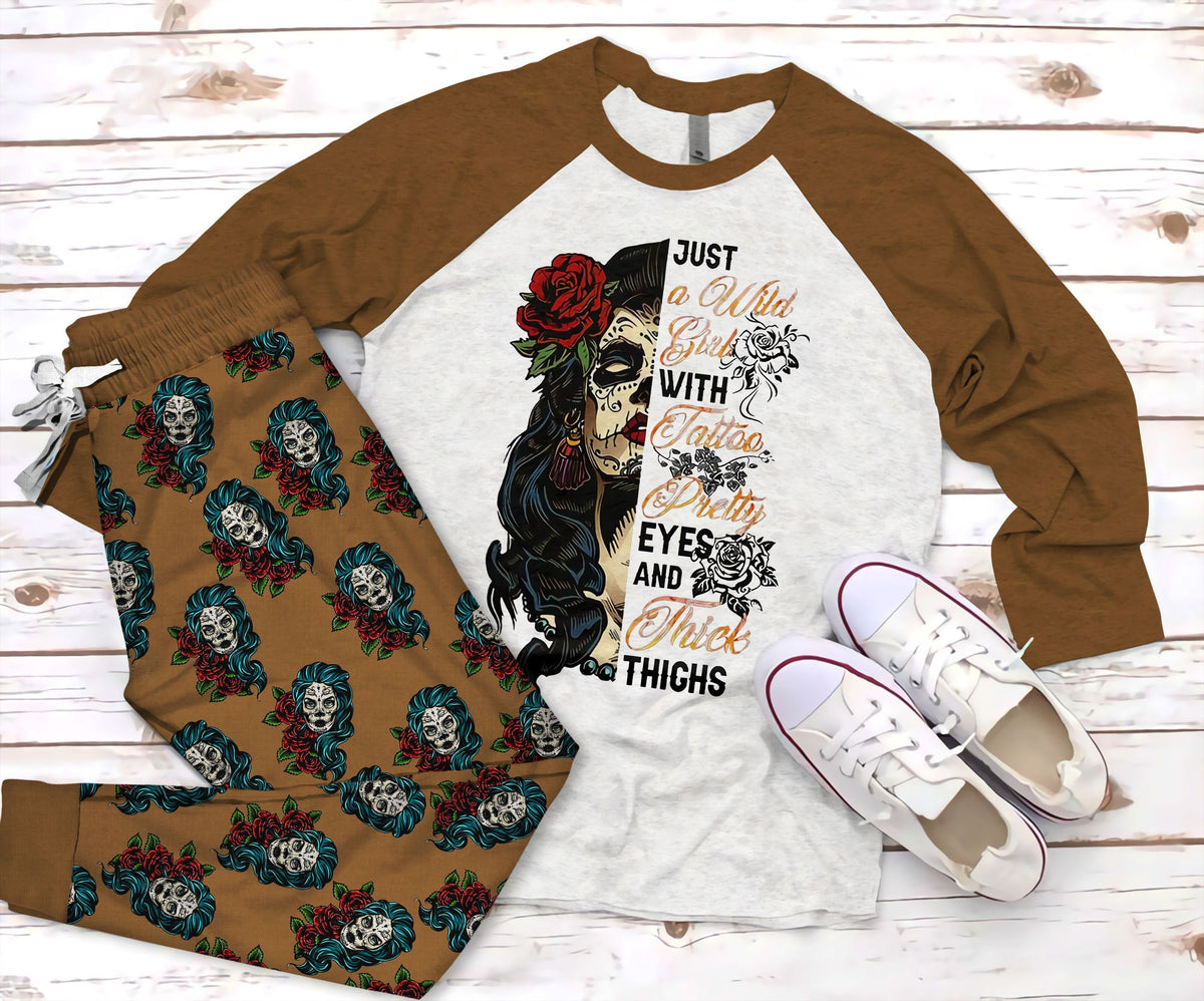 Day Of The Dead Skull Girl Pajama Set |Sleepwear Pjs Sets | Raglan Shirt Pants Set