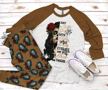 Day Of The Dead Skull Girl Pajama Set |Sleepwear Pjs Sets | Raglan Shirt Pants Set