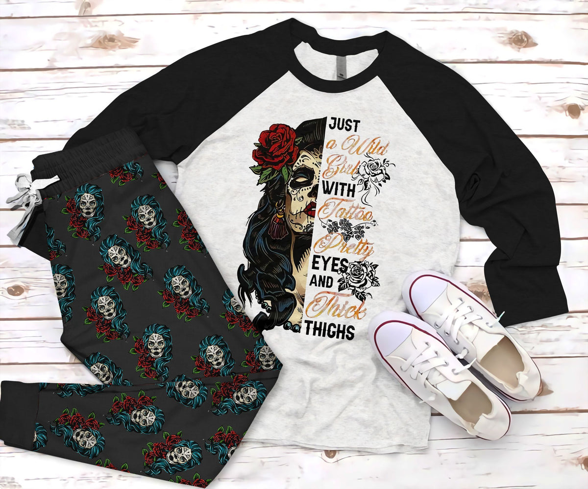 Day Of The Dead Skull Girl Pajama Set |Sleepwear Pjs Sets | Raglan Shirt Pants Set