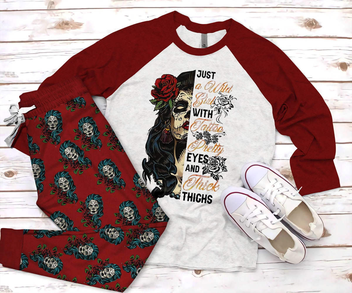 Day Of The Dead Skull Girl Pajama Set |Sleepwear Pjs Sets | Raglan Shirt Pants Set