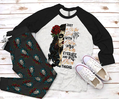 Day Of The Dead Skull Girl Pajama Set |Sleepwear Pjs Sets | Raglan Shirt Pants Set