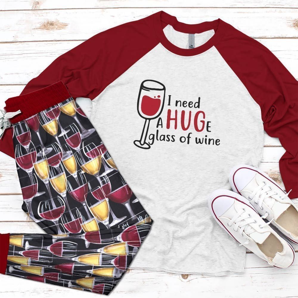 Wine A Hug Of Wine Red Good Mmi Pajama Set |Sleepwear Pjs Sets | Raglan Shirt Pants Set