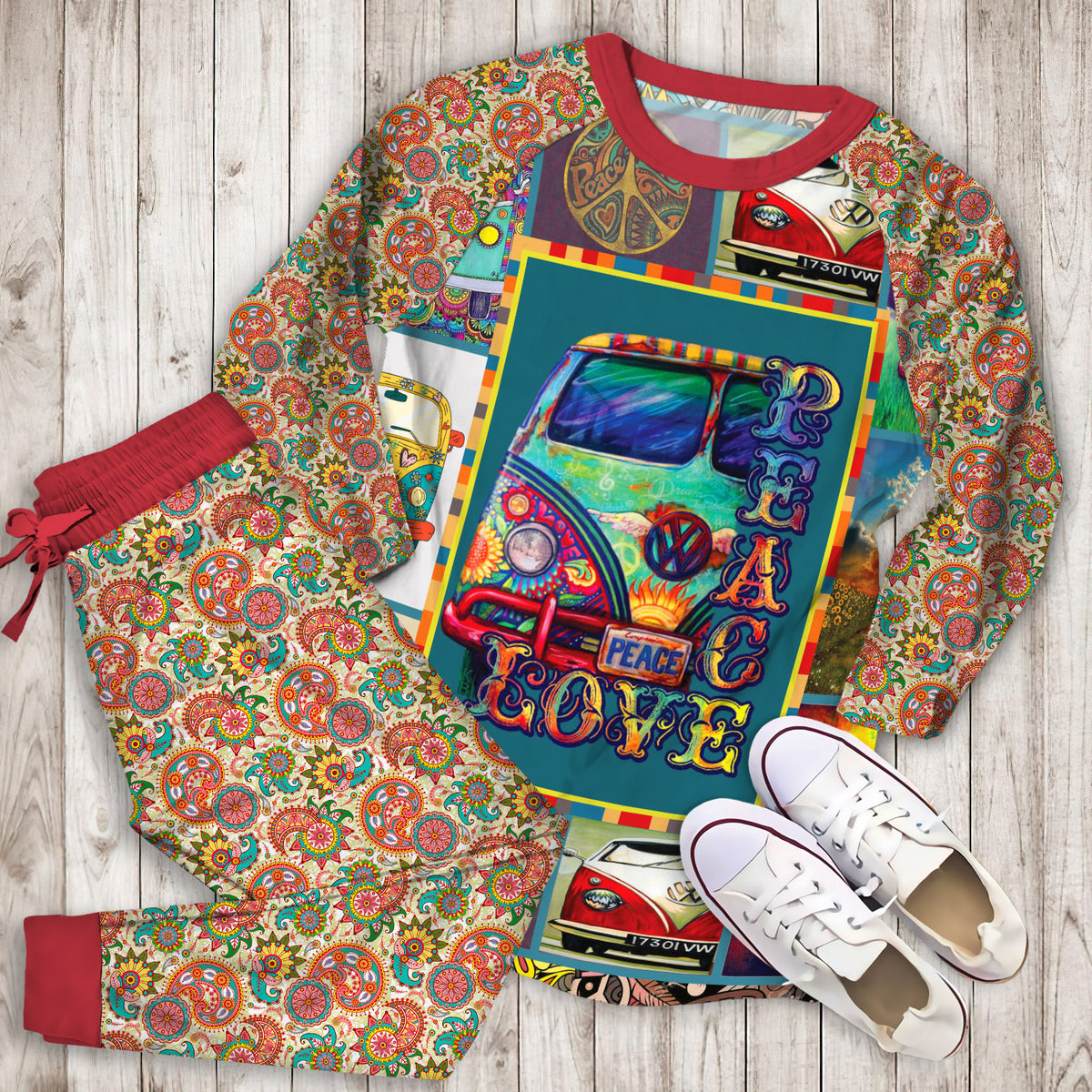 Hippie Pajama Set | Pajamas | Cotton Sleepwear Sets | Soft Long Sleeve Pjs | Raglan Shirt and Pants Set