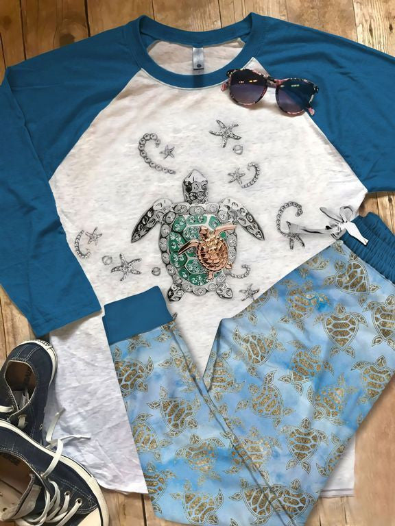 Sea Turtle Shining Pajama Set |Sleepwear Pjs Sets | Raglan Shirt Pants Set