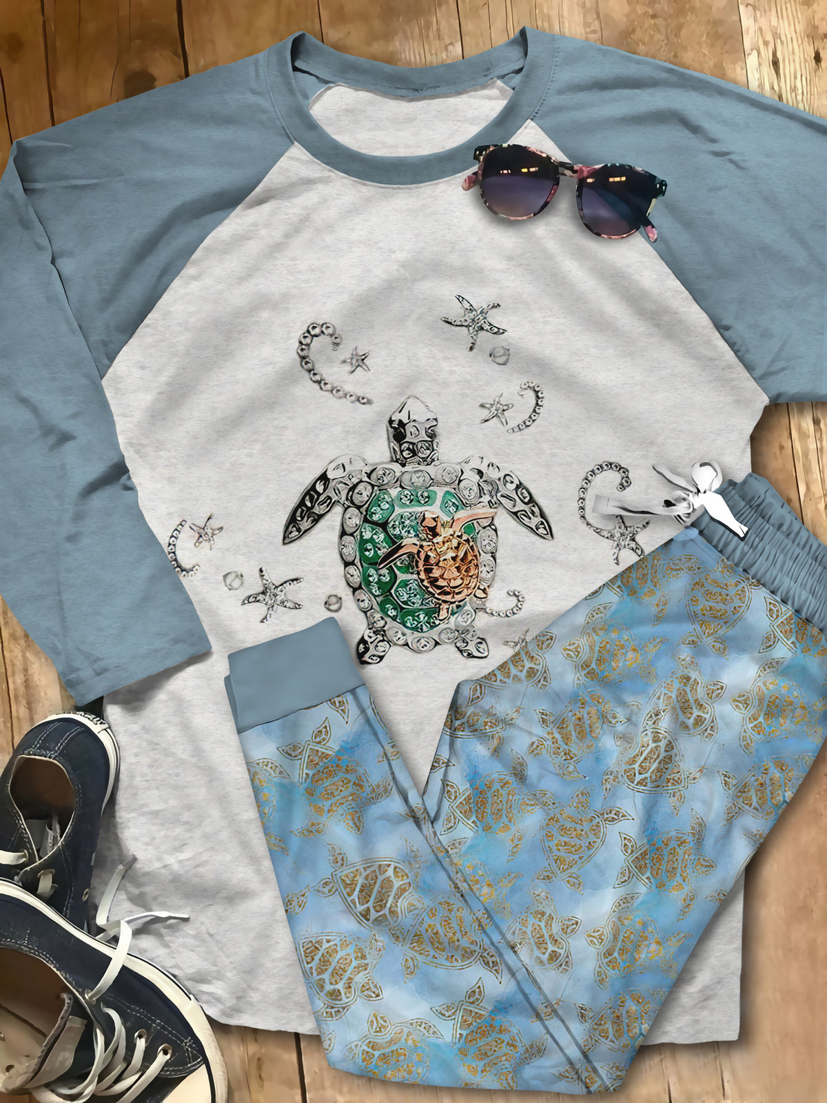 Sea Turtle Shining Pajama Set |Sleepwear Pjs Sets | Raglan Shirt Pants Set