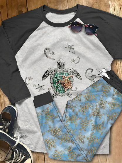 Sea Turtle Shining Pajama Set |Sleepwear Pjs Sets | Raglan Shirt Pants Set