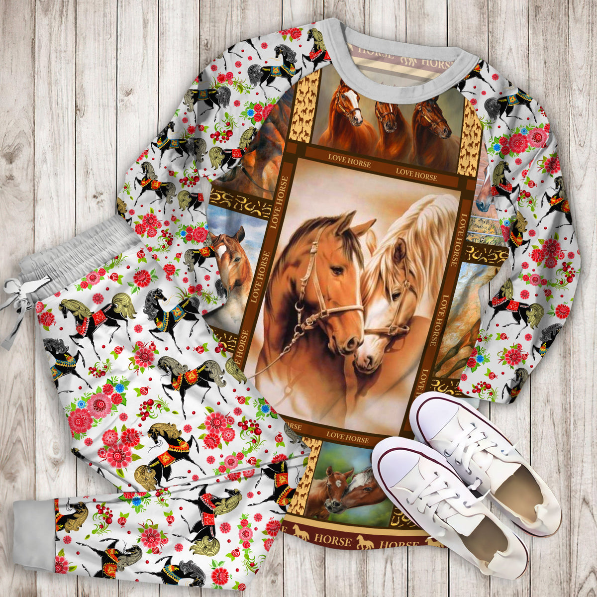 Horse Pajama Set |Sleepwear Pjs Sets | Raglan Shirt Pants Set