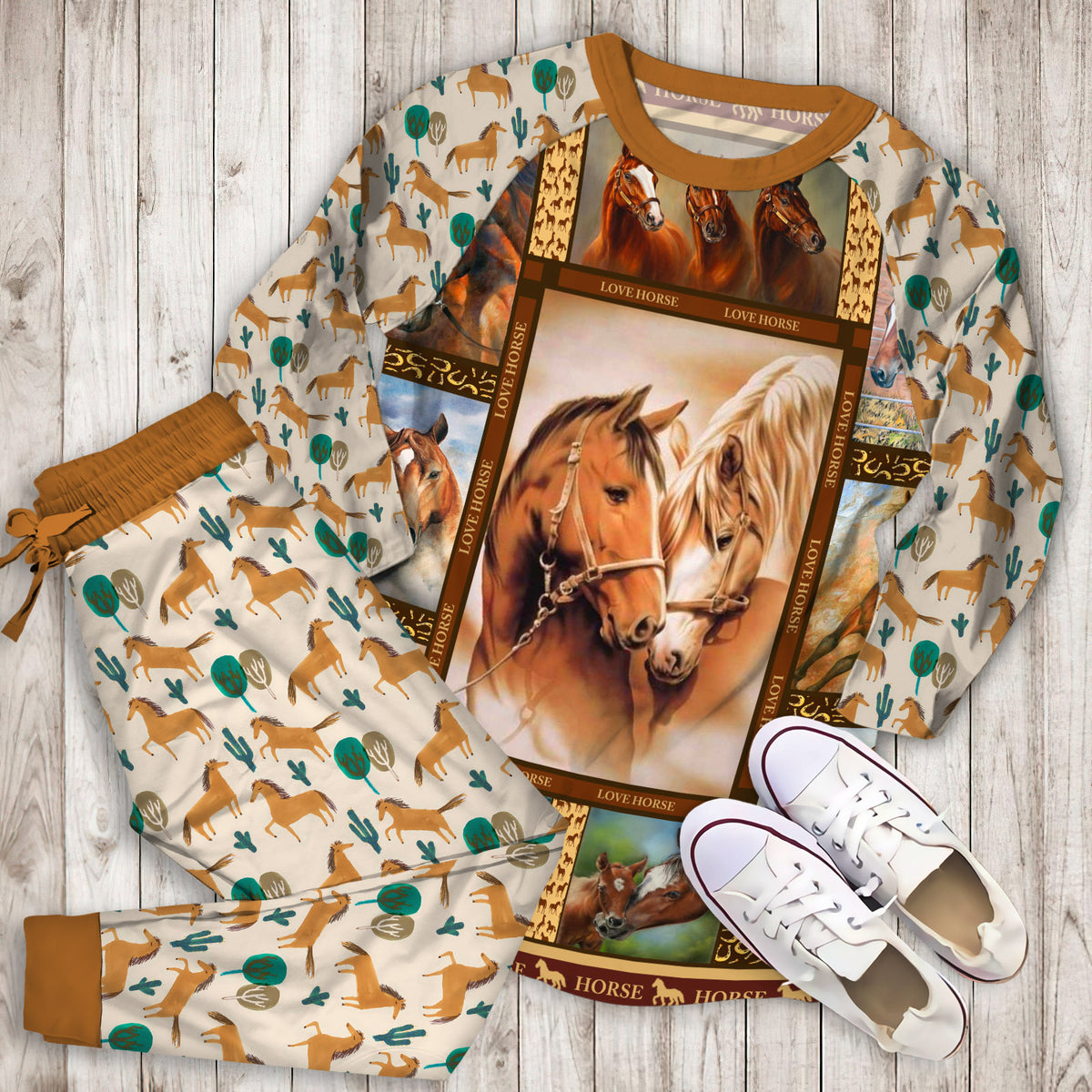 Horse Pajama Set |Sleepwear Pjs Sets | Raglan Shirt Pants Set