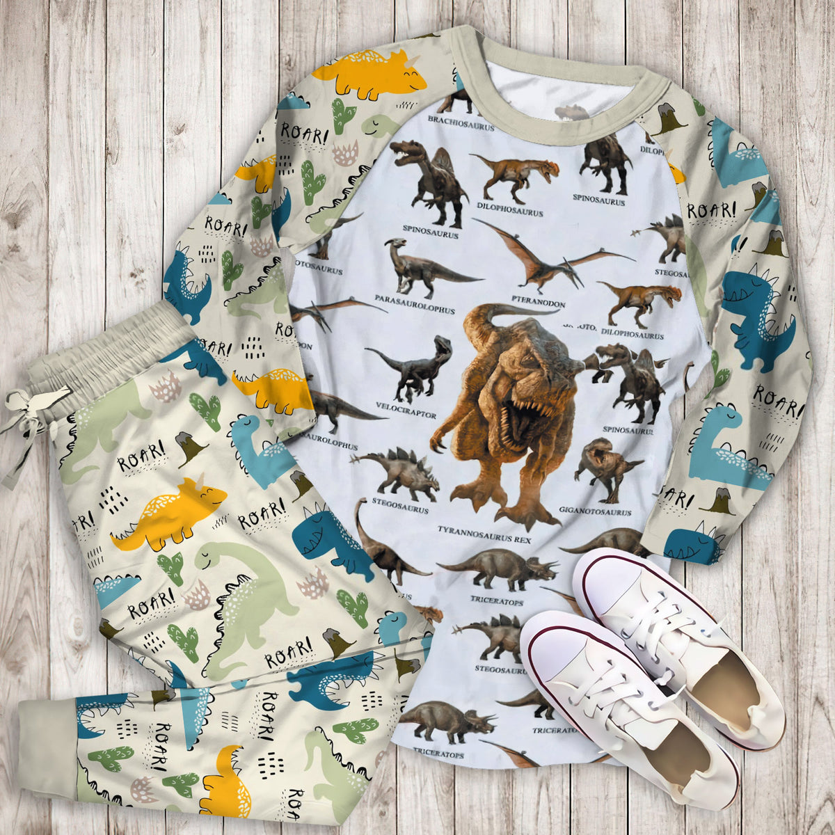 Dinosaur Pajama Set | Pajamas | Cotton Sleepwear Sets | Soft Long Sleeve Pjs | Raglan Shirt and Pants Set