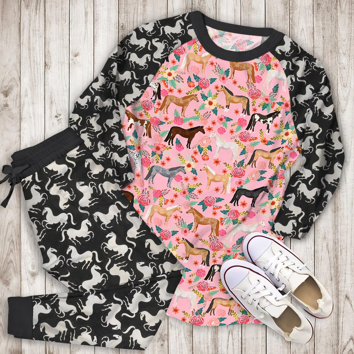 Horse Pajama Set | Pajamas | Cotton Sleepwear Sets | Soft Long Sleeve Pjs | Raglan Shirt and Pants Set
