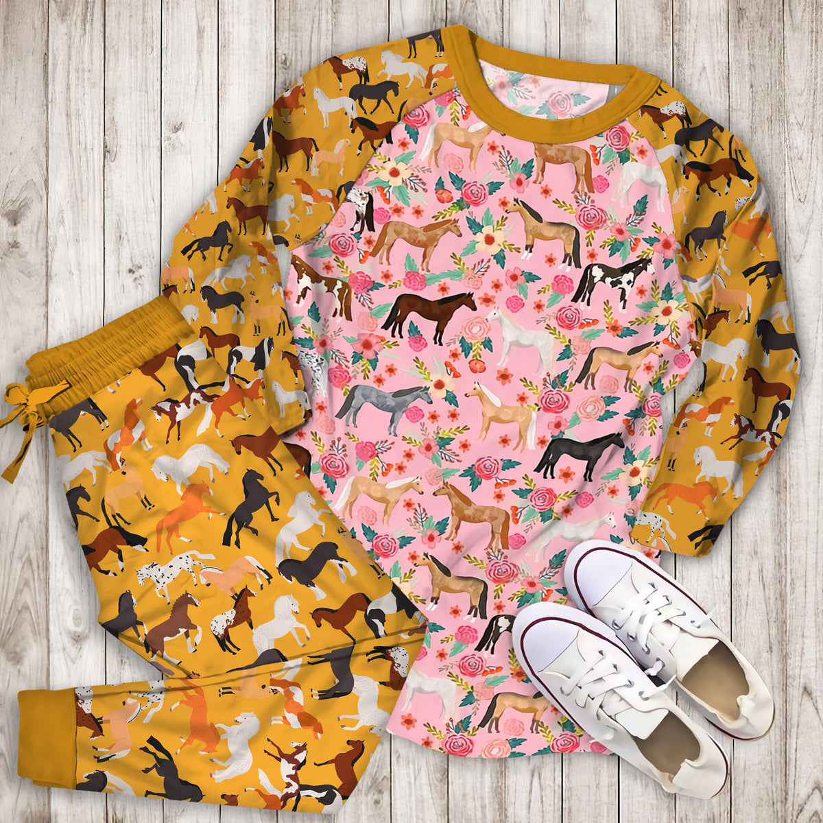 Horse Pajama Set | Pajamas | Cotton Sleepwear Sets | Soft Long Sleeve Pjs | Raglan Shirt and Pants Set