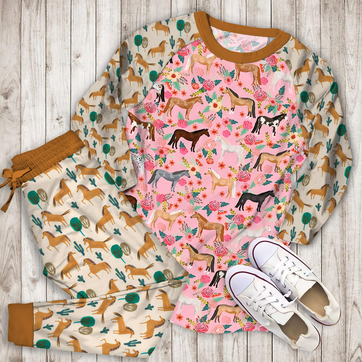 Horse Pajama Set | Pajamas | Cotton Sleepwear Sets | Soft Long Sleeve Pjs | Raglan Shirt and Pants Set