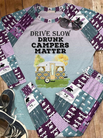 Camping Drive Slow Aam Pajama Set |Sleepwear Pjs Sets | Raglan Shirt Pants Set
