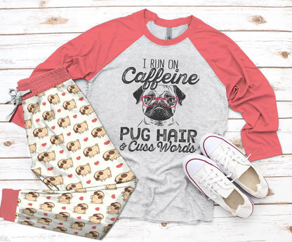 Pug Run On Coffee And Pug Hair Pajama Set |Sleepwear Pjs Sets | Raglan Shirt Pants Set