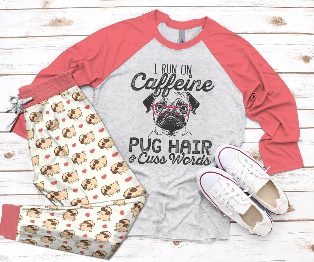 Pug Run On Coffee And Pug Hair Pajama Set |Sleepwear Pjs Sets | Raglan Shirt Pants Set